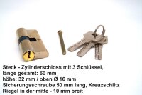 Zylinderschloss Steckschloss Einbausicherung 3 Schlüssel, Einbausicherung, Haustür - Garage H&B