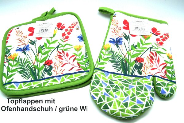 Topflappen, 1 paar und 1 Ofenhandschuh - rechts, grüne Blumenwiese, H&B