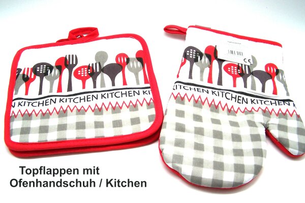 Topflappen - 1 paar mit 1 Ofenhandschuh - rechts, rot mit Schrift - Kitchen, H&B