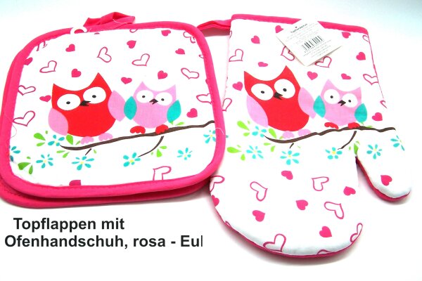 Topflappen - 1 paar und 1 Ofenhandschuh - rechts, rosa - Eule, H&B