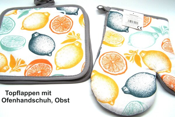 Topflappen - 1 paar und 1 Ofenhandschuh - rechts, grau mit Obstmotiv, H&B