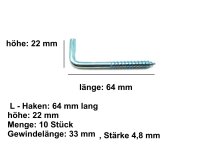 L - Haken Schraubhaken Schrankhaken 10 Stück 64 mm lang